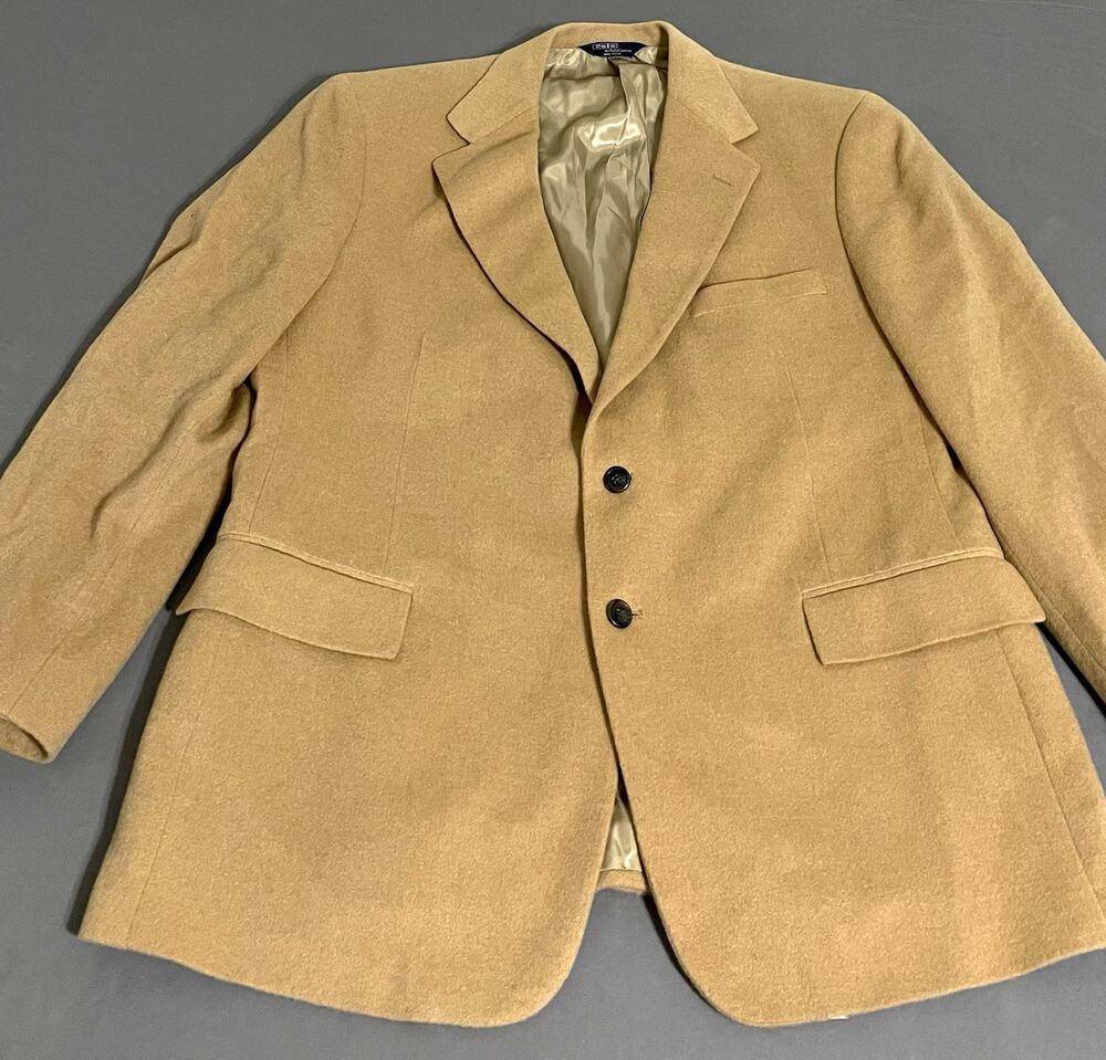 VTG Polo Ralph Lauren Camel Hair Sport Coat Blazer Made in USA Tan 46R